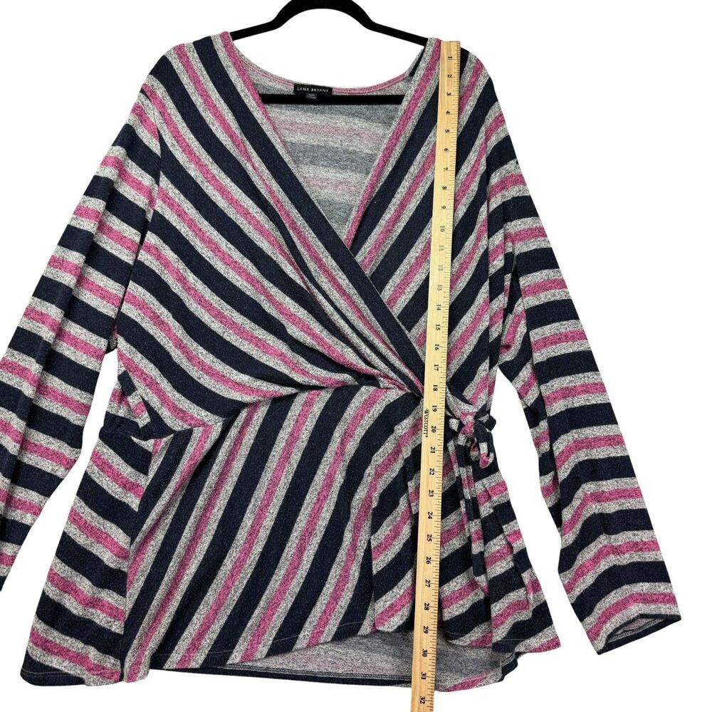 Lane Bryant Top Womens 26/28 Pink Black Long Sleeve Striped Faux Wrap Knit Comfy - Picture 7 of 9